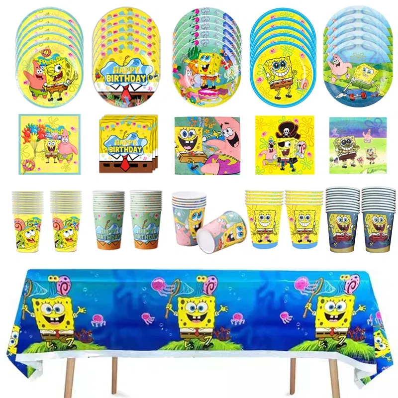 Color: Light Grey - SpongeBob Party Decorations Disposable Tableware Cup Baby Shower Birthday Theme Plate Tablecloth Kids Birthday Party
