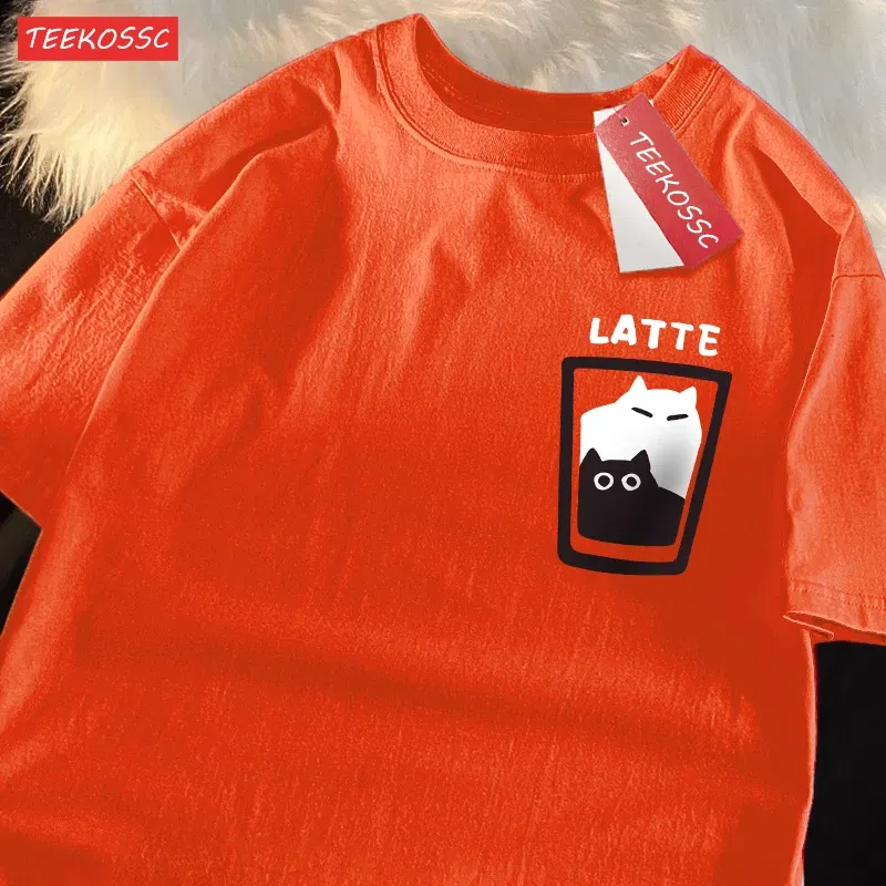 Color: Pink, Size: XXXL - Mocha Latte Couple Outfit Cat Coffee Couple Male T-Shirts Graphic Cool Tee Shirt High-Quality Oversized Tshirt Comfort Soft
