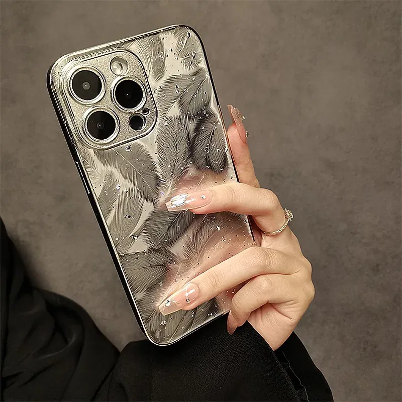 Color: Beige, Material: PC - Luxury Plating Feather Phone Cover For iPhone 12 Pro 14 13 11 15 Pro Max Hard Anti-drop Lens Protection Case For iPhone 15 Plus