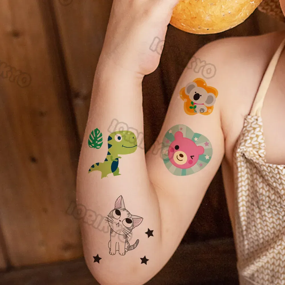 Color: army green - Watercolor Cat Bear Temporary Tattoos For Kids Children Boys Girls Fake Cute Dinosaur Tattoo Stiker Koala Star Face Tatoos Hands