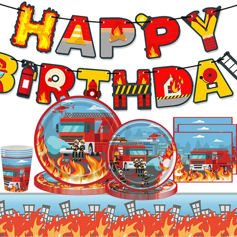 Color: Clear - Fireman Fire Truck Party Disposable Tableware Plates Cups Napkins Tablecloth Birthday Banner Fire Rescue Birthday Decoration