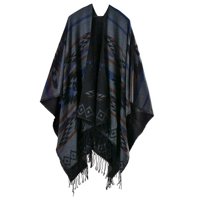 Color: Burgundy, Size: One Size - European American Popular Tassel Thickened Cashmere Like National Style Travel Fork Shawl Scarf in autumn Ponchos Capes P9