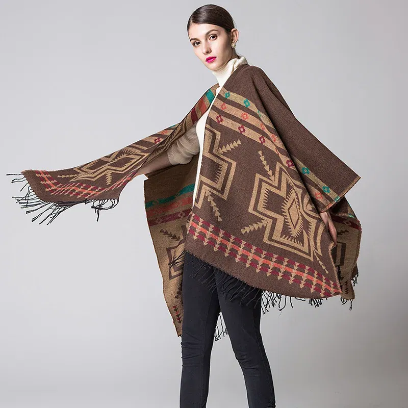 Color: Burgundy, Size: One Size - European American Popular Tassel Thickened Cashmere Like National Style Travel Fork Shawl Scarf in autumn Ponchos Capes P9
