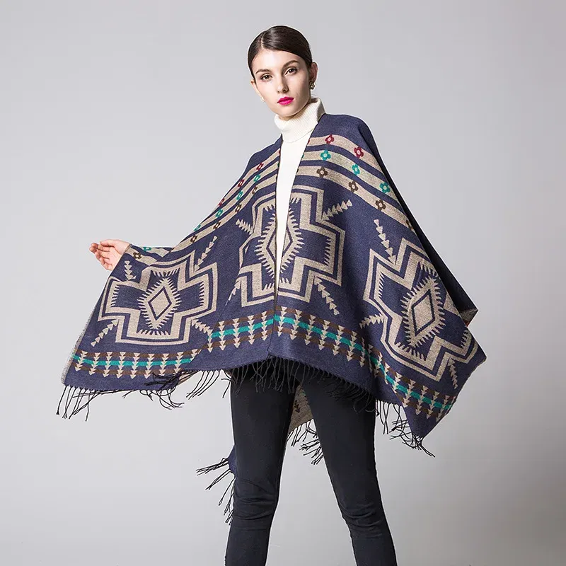 Color: Burgundy, Size: One Size - European American Popular Tassel Thickened Cashmere Like National Style Travel Fork Shawl Scarf in autumn Ponchos Capes P9