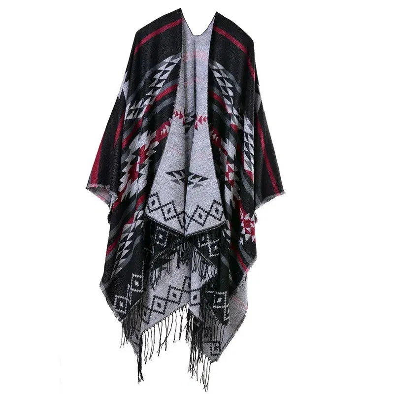 Color: Burgundy, Size: One Size - European American Popular Tassel Thickened Cashmere Like National Style Travel Fork Shawl Scarf in autumn Ponchos Capes P9