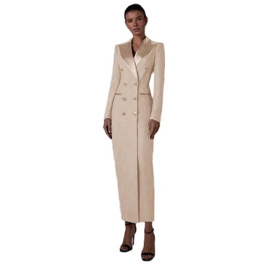 Color: Beige, Size: XL - Women's Suit Long Jacket One Piece Blazer Double Breasted Formal Tuxedo Party Dress кос?‚юм ?¶?µнский