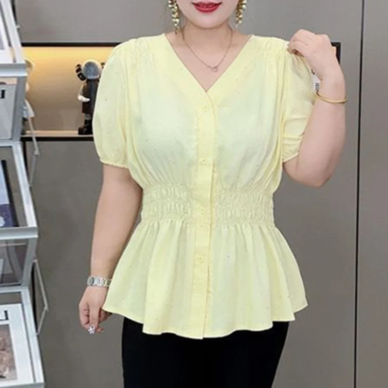 Color: Glowing Yellow, Size: 4XL - 200 Pounds Plus Size Elastic Waist Summer Shirt And Blouse Short Sleeve Solid Top Women's New In Clothes Simple V-neck French