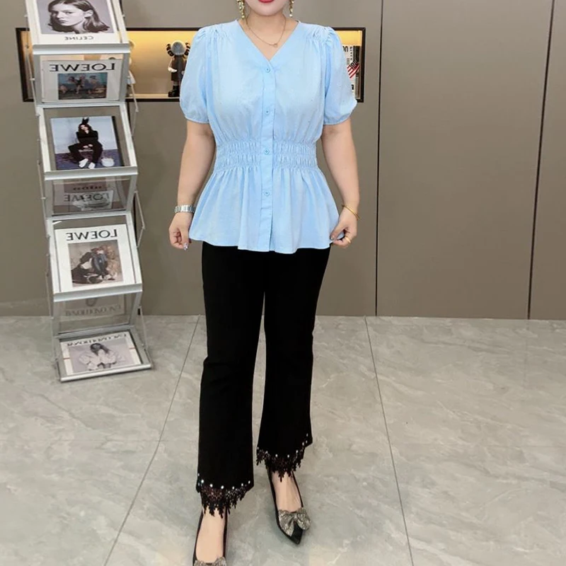 Color: Glowing Yellow, Size: 4XL - 200 Pounds Plus Size Elastic Waist Summer Shirt And Blouse Short Sleeve Solid Top Women's New In Clothes Simple V-neck French
