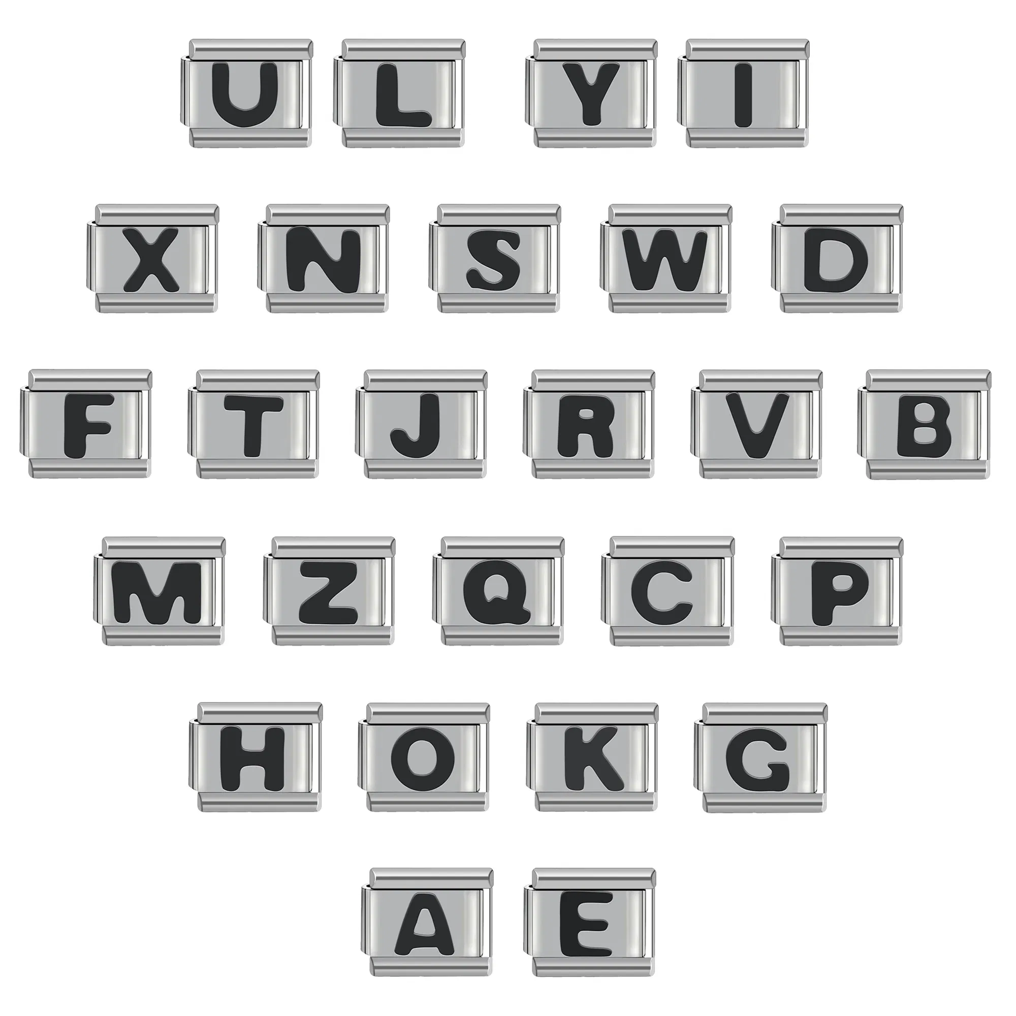 Metal Color: Rhodium Plated - Black 26 Letter 9mm Diy Italian Charm Stainless Steel Bracelet