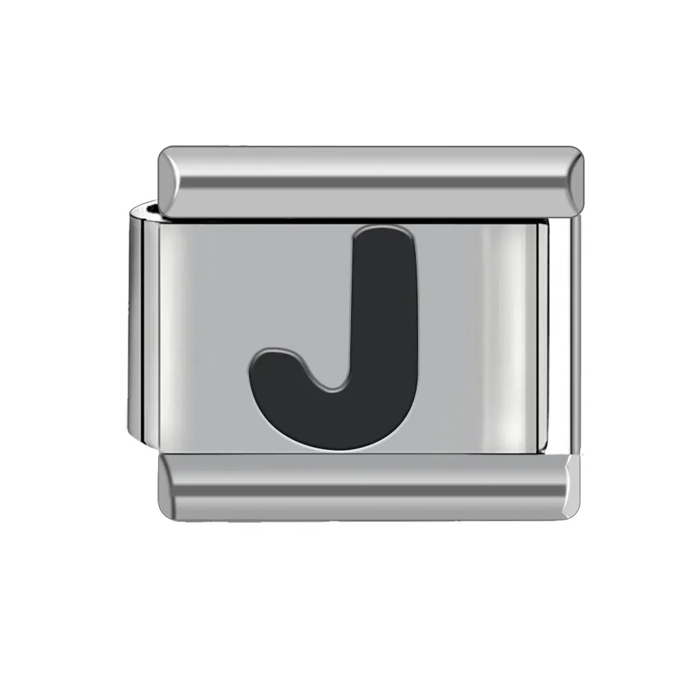 Metal Color: Rhodium Plated - Black 26 Letter 9mm Diy Italian Charm Stainless Steel Bracelet