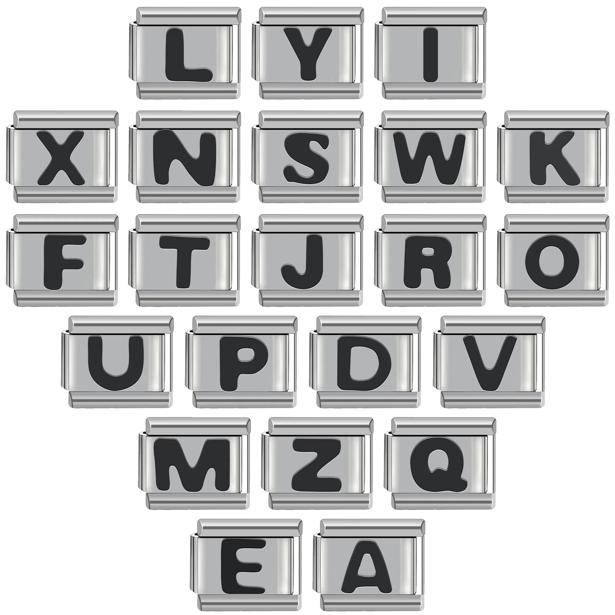 Metal Color: Rhodium Plated - Black 26 Letter 9mm Diy Italian Charm Stainless Steel Bracelet