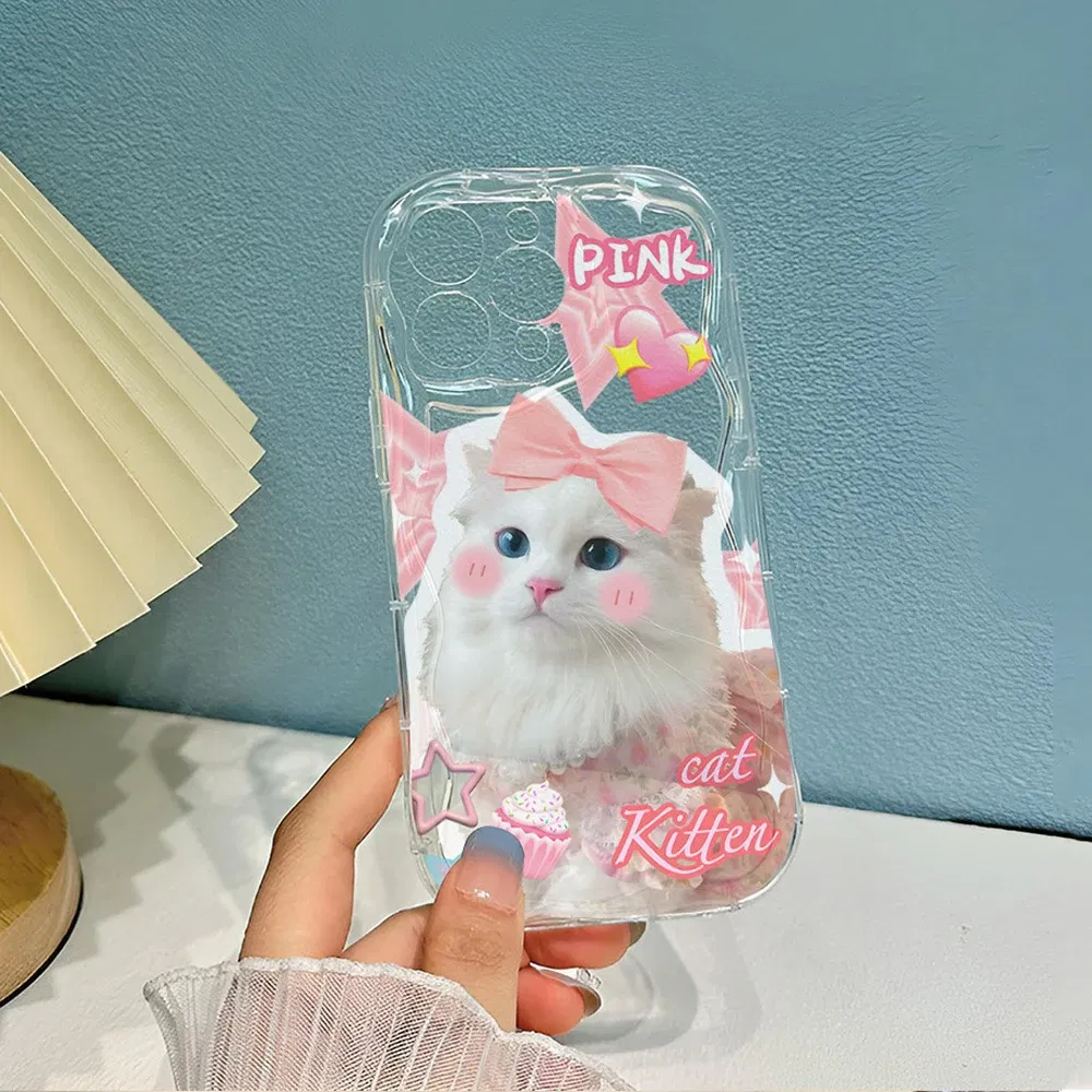 Color: Beige, Material: POLYESTER - Cute Kitten Phone Case for iPhone 15 14 13 12 11 Pro Max XR XS X 7 8 Plus Mini SE Clear Cat Mobile Case