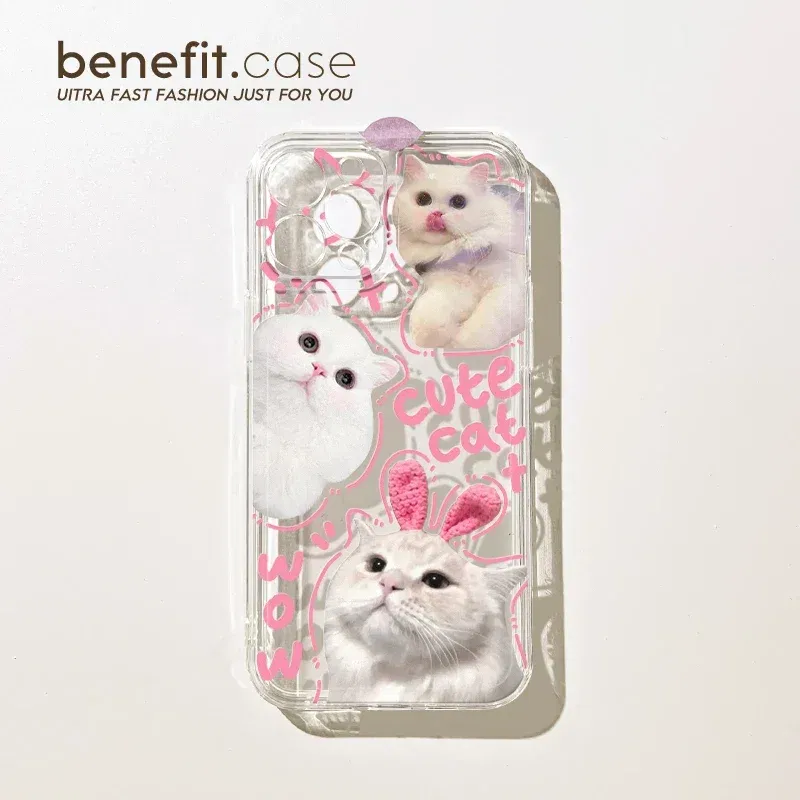 Color: Beige, Material: POLYESTER - Cute Kitten Phone Case for iPhone 15 14 13 12 11 Pro Max XR XS X 7 8 Plus Mini SE Clear Cat Mobile Case