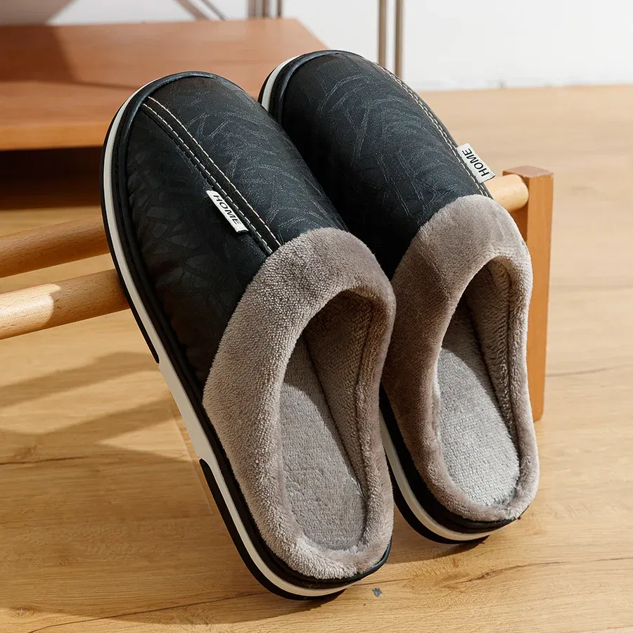Color: Blue, Shoe Size: 8 - Big Size Winter Casual Men's Slippers Indoor Waterproof PU Leather Home Shoes Fur Flat Warm Fashion Bedroom Houseshoes