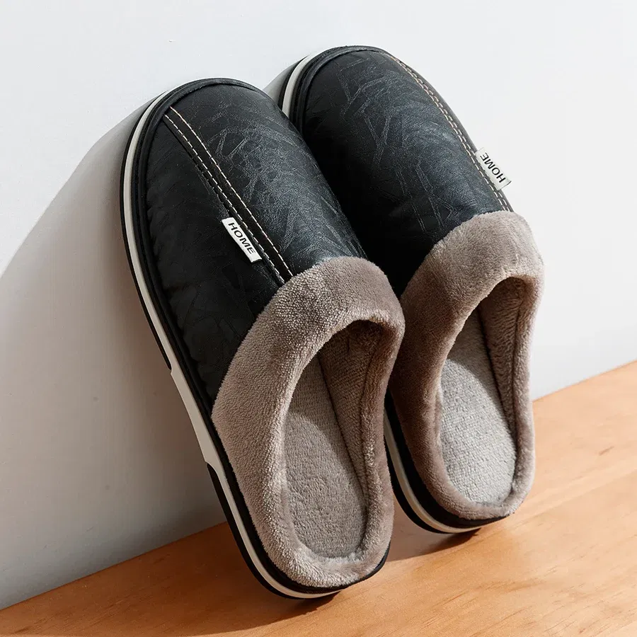 Color: Blue, Shoe Size: 8 - Big Size Winter Casual Men's Slippers Indoor Waterproof PU Leather Home Shoes Fur Flat Warm Fashion Bedroom Houseshoes