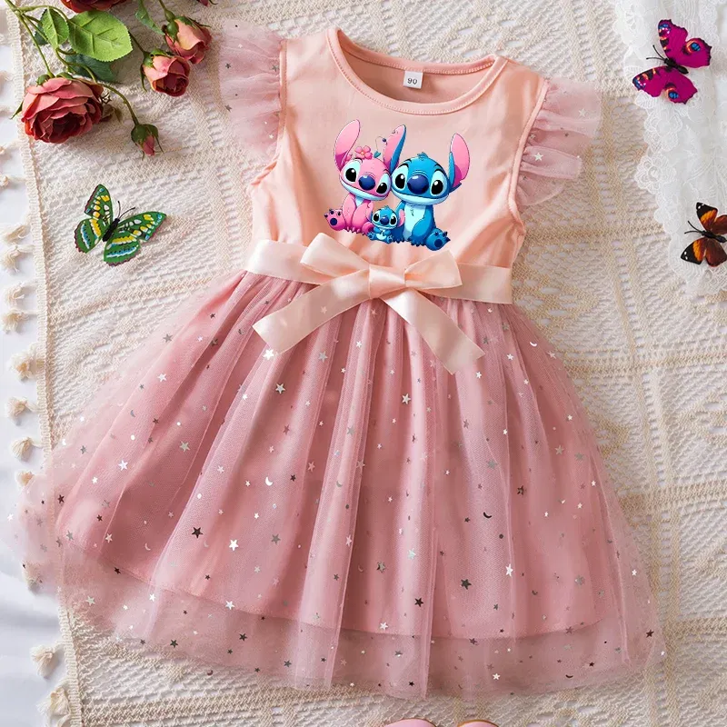Color: green, Kid Size: 5 - Lilo Stitch Girls Sequin Tutu Dress with Bow Flutter Sleeves Summer Princess Party Outfit for Toddler Kids 2-6 Years