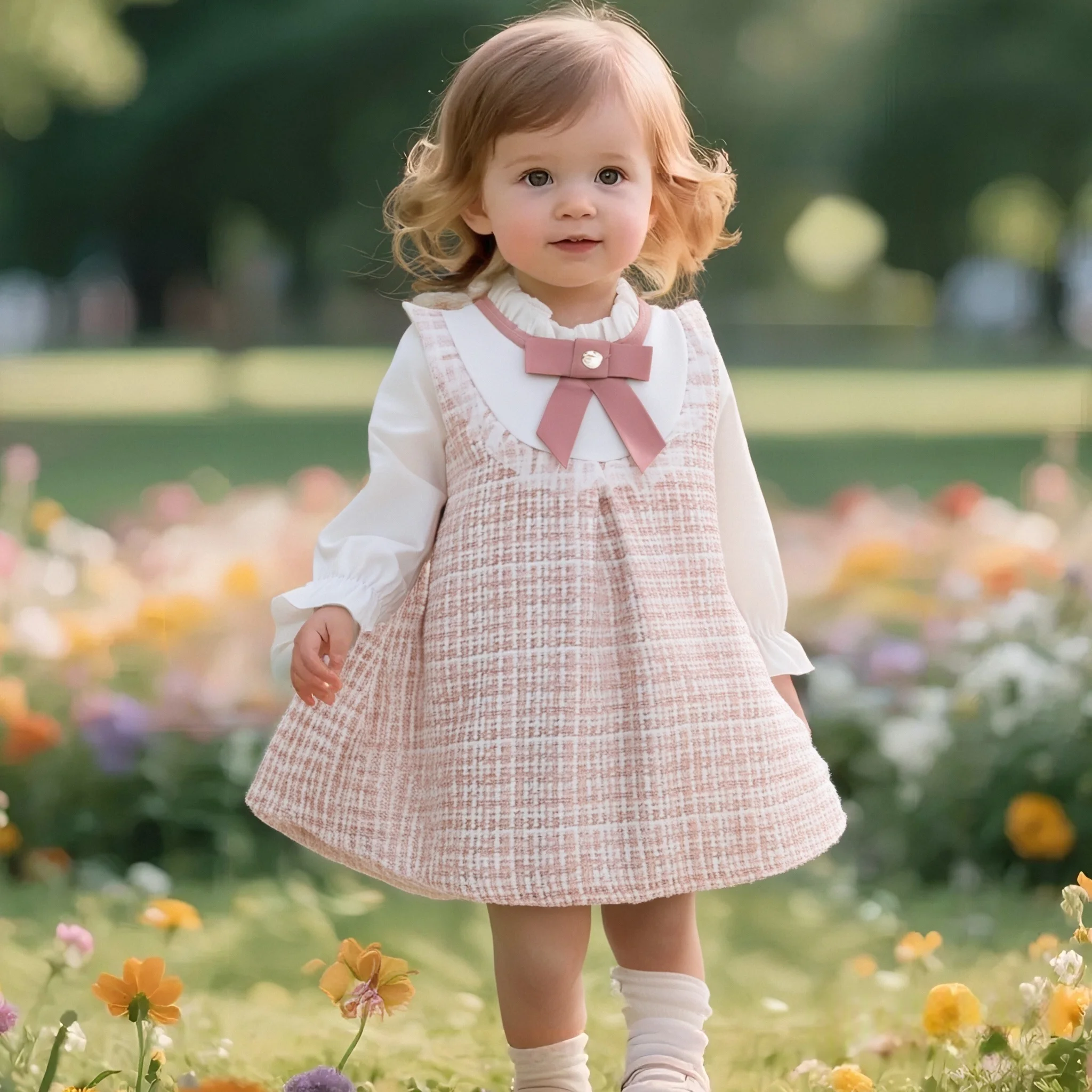 Color: Pink, Kid Size: 12M - Spring and Autumn New Baby Girl Long Sleeve Dress Fake Two Small Checkered Children's Clothes (0-3 Years Old)