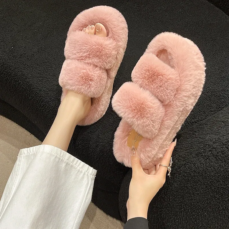 Color: Pink, Shoe Size: 37 - New Winter Open Toe Slipper Fur Thick Sole Flats Heel Ladies Casual Slip On Bedroom Shoes Soft Outdoor Fashion Fur Slippers