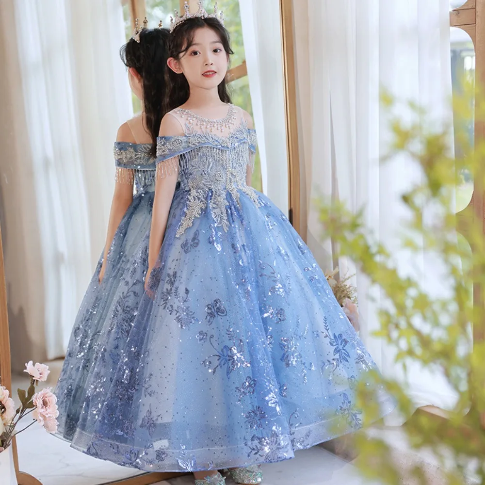 Color: MULTI, Kid Size: 13 - Children's Dress Princess Dress Fluffy Gauze Flower Girl Heavy Industry Trailing Catwalk Small Host Piano Performance