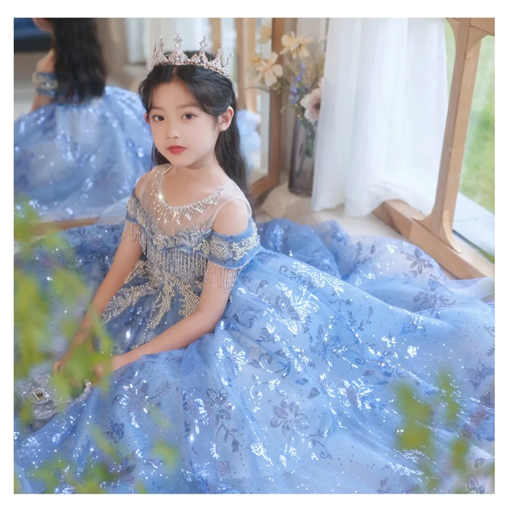 Color: MULTI, Kid Size: 13 - Children's Dress Princess Dress Fluffy Gauze Flower Girl Heavy Industry Trailing Catwalk Small Host Piano Performance