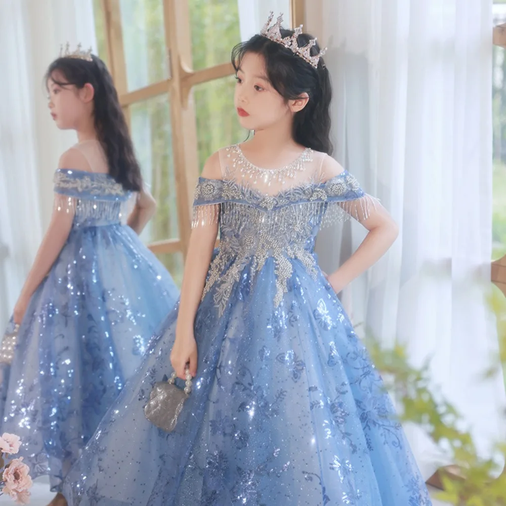 Color: MULTI, Kid Size: 13 - Children's Dress Princess Dress Fluffy Gauze Flower Girl Heavy Industry Trailing Catwalk Small Host Piano Performance