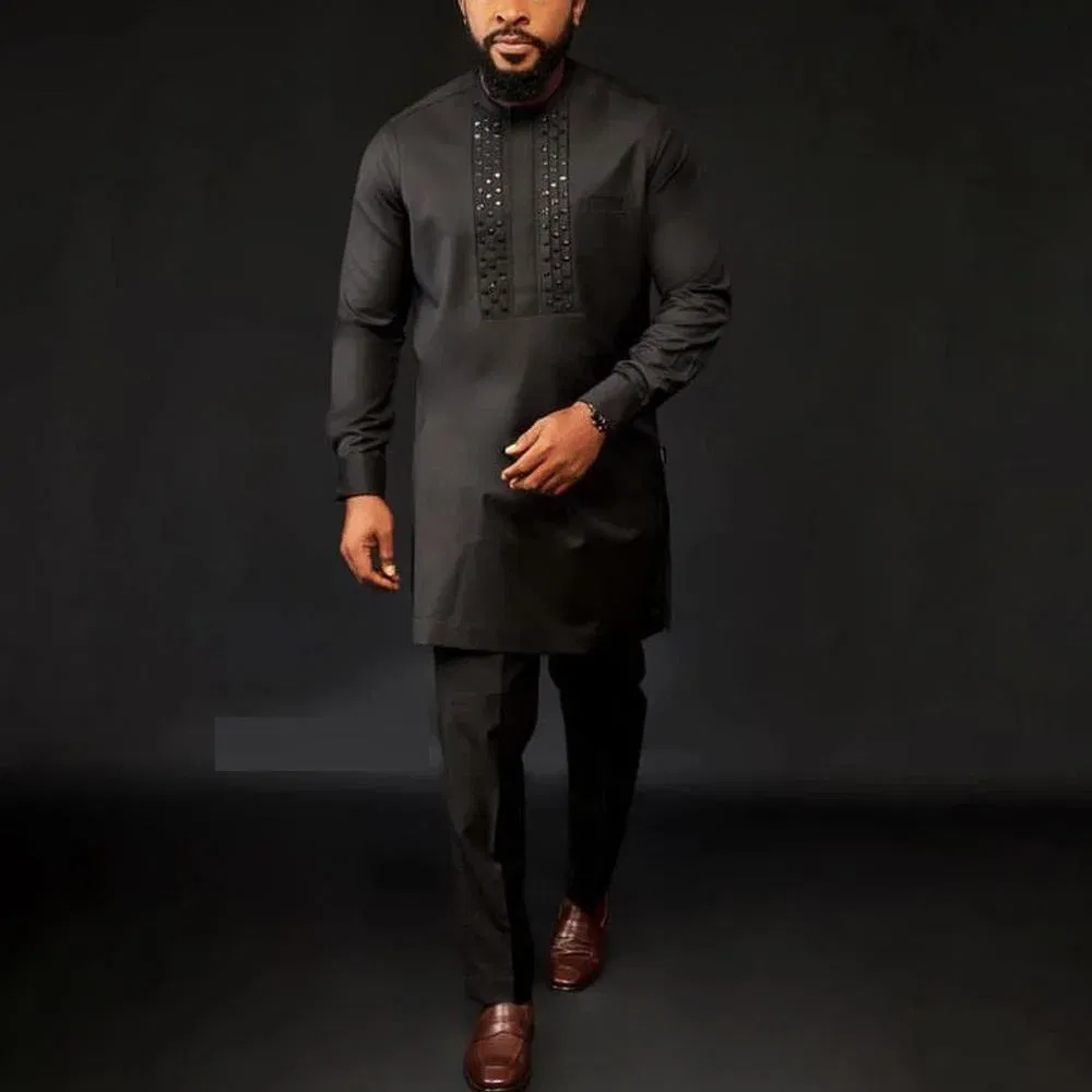 Color: Silver, Size: XXXL - 2024 New African Traditional Men's Set Elegant and Fashionable Men's Suit Casual Embroidery Two Piece Set Men's Suit Kaftan