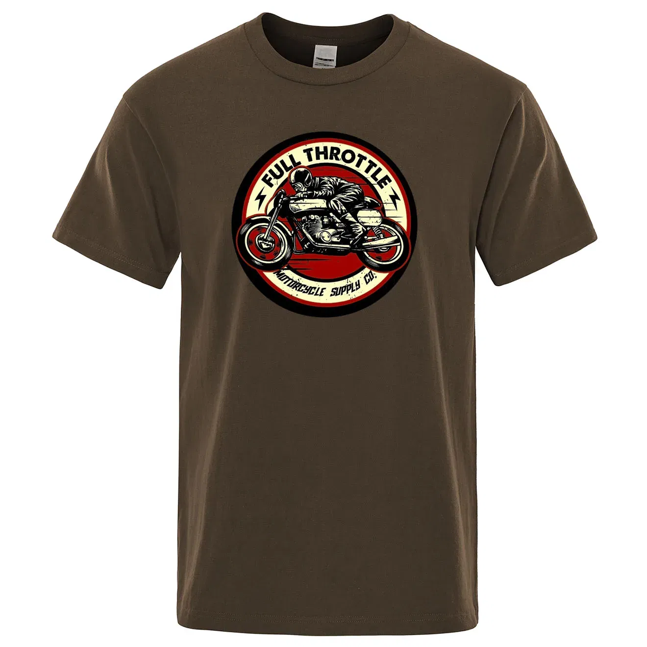 Color: Brown, Size: XXXL - Full Throttle Cafe Racer Rockabilly Biker Printed T-Shirt Men Fashion Casual Short Sleeve Loose Cotton Tshirt Summer Loose Tees