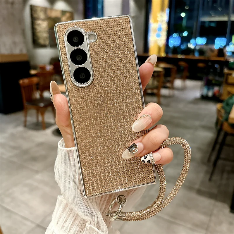 Color: SKY BLUE, Material: Cotton Fabric - Luxury Flash Diamond Sparkling phone case for Samsung Galaxy Z Fold 6 5 zfold 4 Electroplated bracelet shockproof cover
