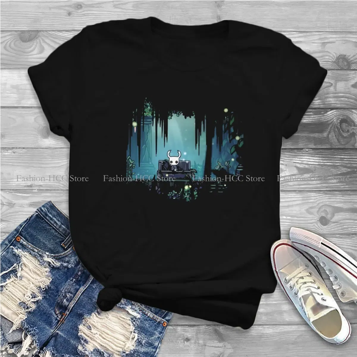 Color: black, Size: M - Green Graphic Polyester TShirt Hollow Knight Creative Tops Casual T Shirt Female
