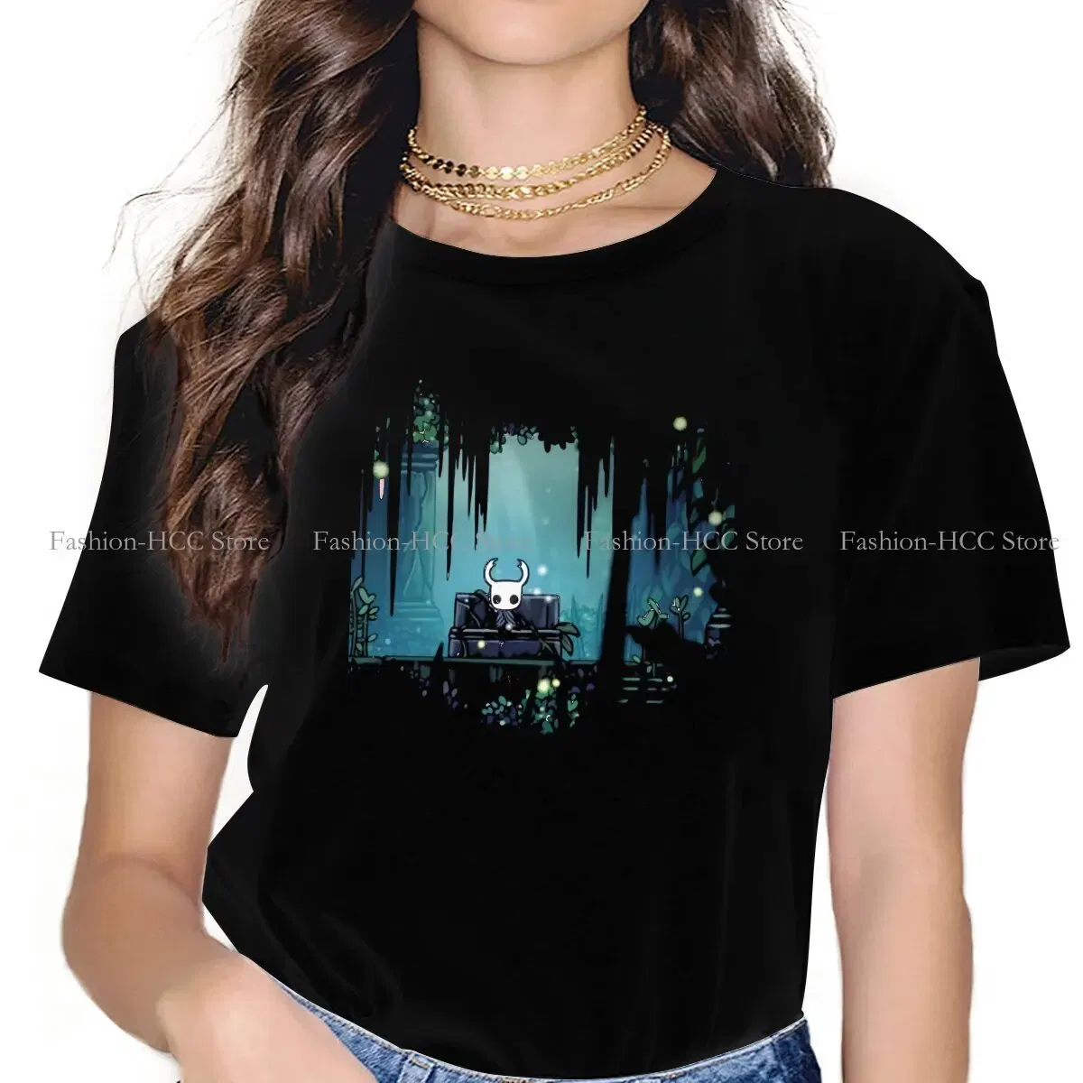 Color: black, Size: M - Green Graphic Polyester TShirt Hollow Knight Creative Tops Casual T Shirt Female