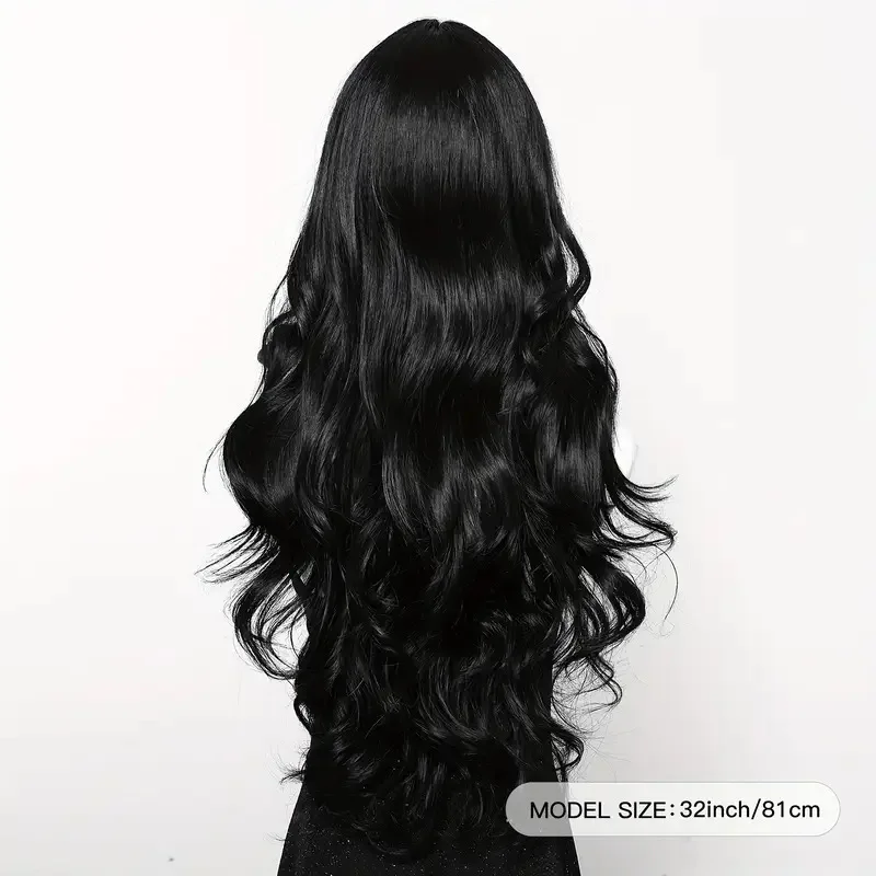 Color: T1B/613 - Black synthetic wig with middle-parted long hair and big waves for party or daily use. High-temperature synthetic hair cap.