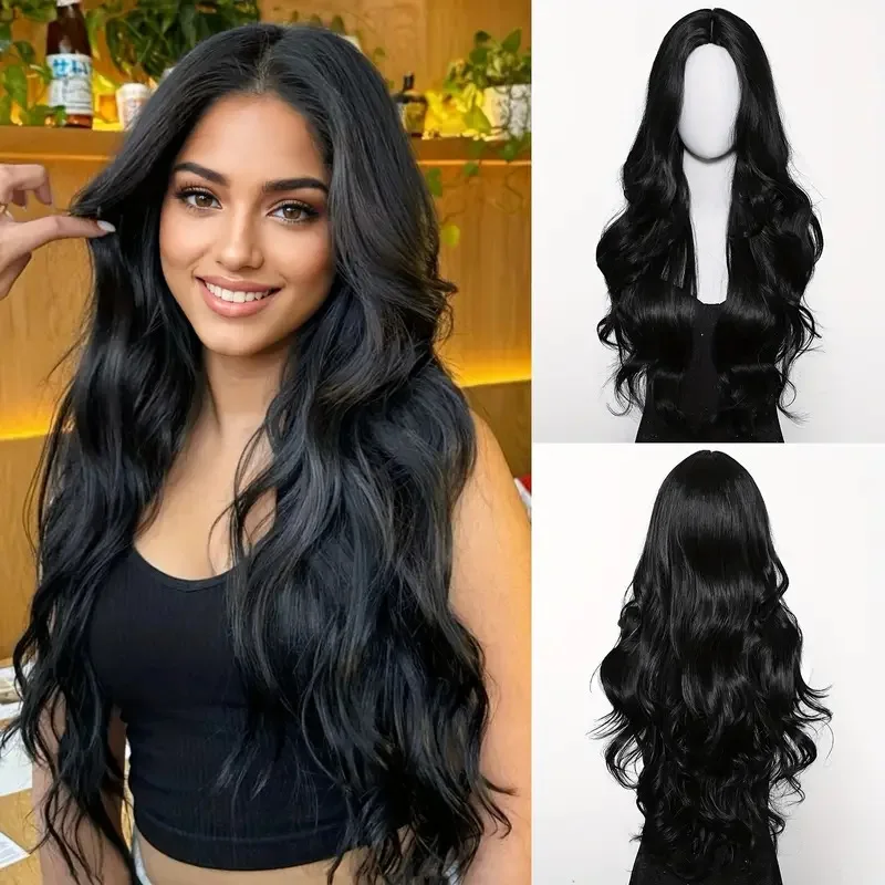 Color: T1B/613 - Black synthetic wig with middle-parted long hair and big waves for party or daily use. High-temperature synthetic hair cap.