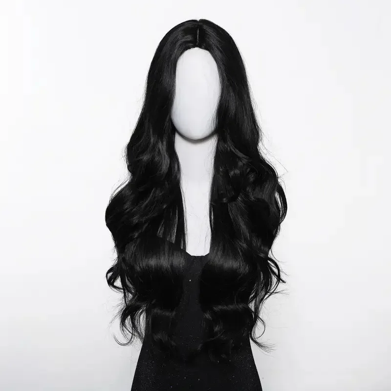 Color: T1B/613 - Black synthetic wig with middle-parted long hair and big waves for party or daily use. High-temperature synthetic hair cap.