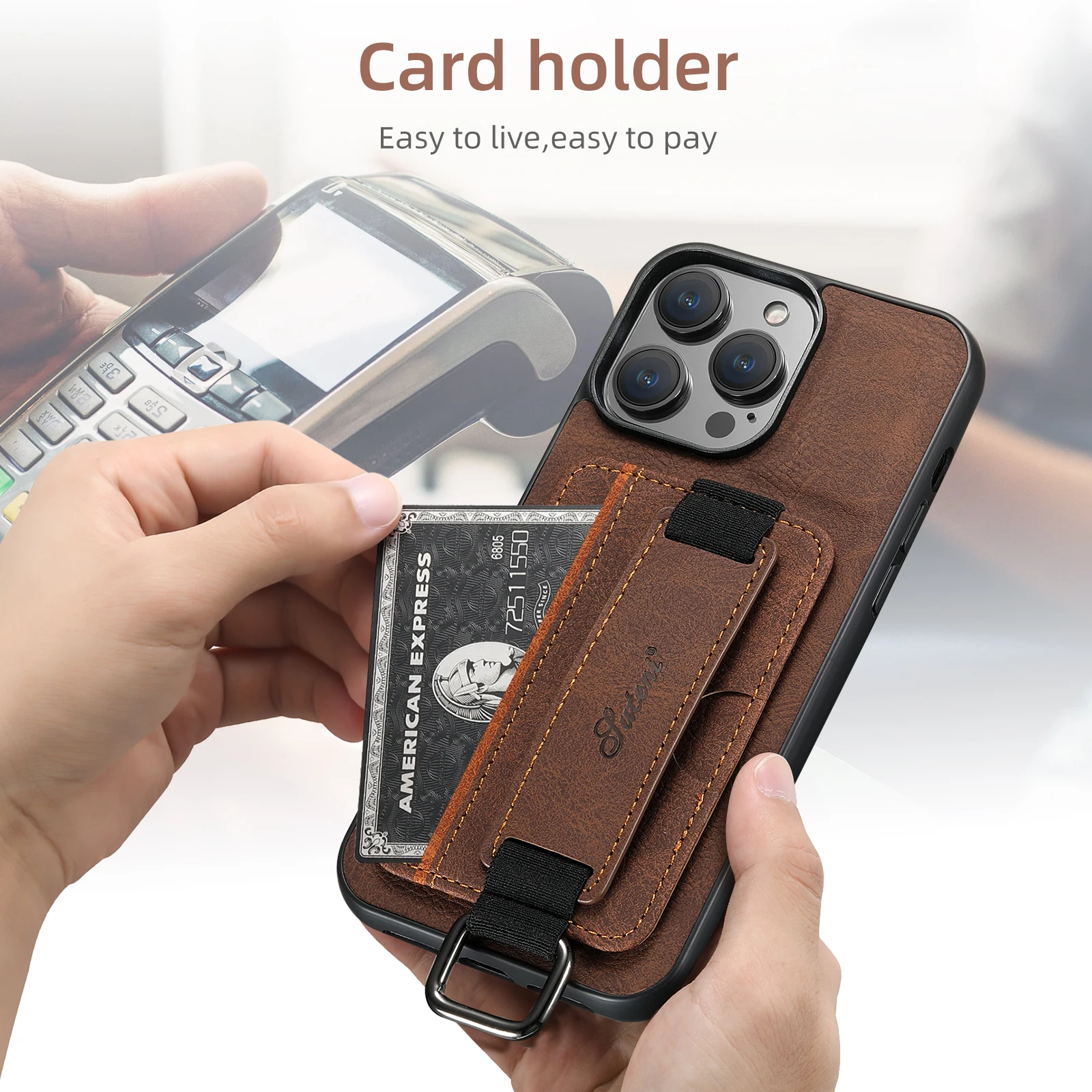 Color: Blue, Material: Nylon - SUTENI Lychee skin print wrist strap card phone case Card holder for iPhone 16 ProMax 15 Plus 14 13 12 11 XR XS Black/blue/brown