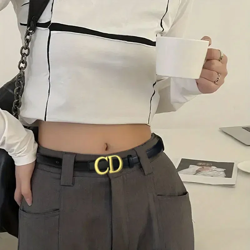 Color: Apricot, Belt Length: 110cm - Composite alloy letter buckle women's genuine leather belt high-end belt jeans dress high-quality casual versatile belt