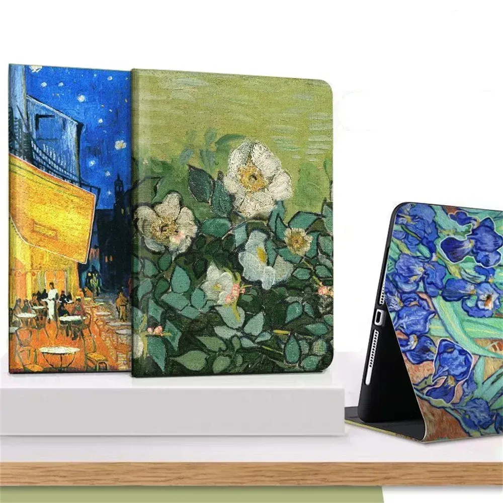 Color: WHITE, Size: 8 - Case For iPAD 10 9 8 7 6 5 th Generation Pro 11 12.9 10.5 Air 5 4 3 2 Mini 6 Funda Cover Luxury Van Gogh Oil Painting Flower Art