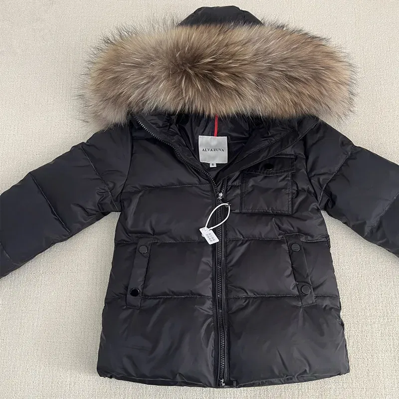 Color: Khaki, Kid Size: 10 - Kids Winter Down Jacket Shiny Real Raccoon Fur Collar Toddler Boys Hooded Coat Baby Girls Warm Snowsuit Children's Parkas