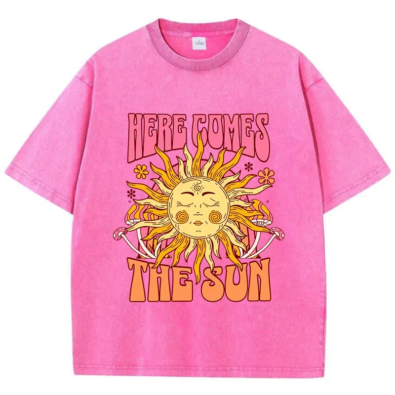 Color: Brown, Size: M - Oversize Women's Washed T-Shirt Cotton Here Comes The Sun Prints T Shirts Casual O-Neck Short Sleeve Tops Loose Women's Clothes