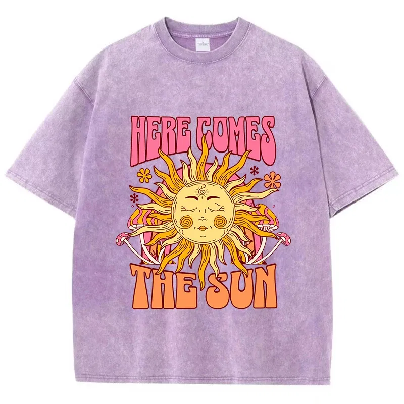 Color: Brown, Size: M - Oversize Women's Washed T-Shirt Cotton Here Comes The Sun Prints T Shirts Casual O-Neck Short Sleeve Tops Loose Women's Clothes