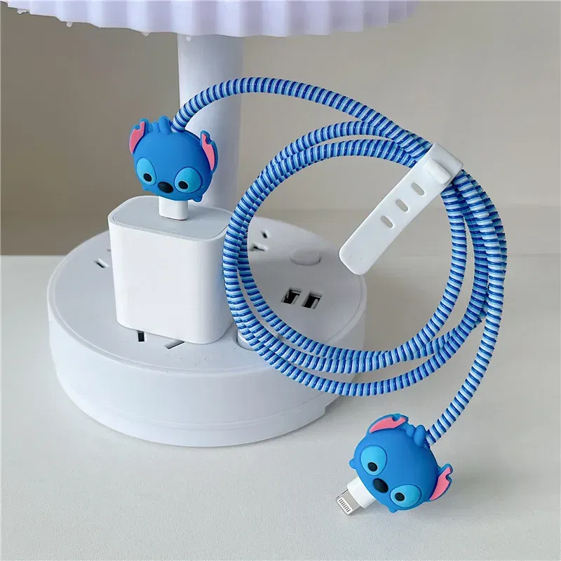 Color: PURPLE - 4pcs/set New Cute Cartoon Bite Data Cable Protection Case for Apple Huawei Charging Cable Universal Fall Protection Case