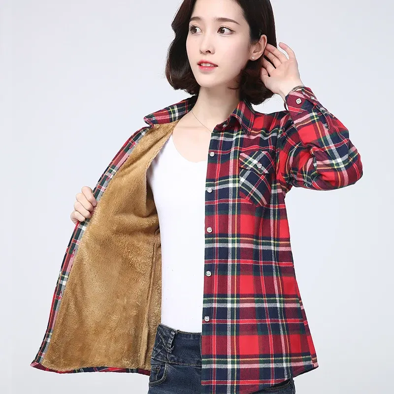 Color: Gold, Size: L - 2025 Winter New Women's Warm Plaid Shirt Coat Casual Fleece Velvet Plus Thicke Jacket Tops College Style Woman Clothes Outerwear