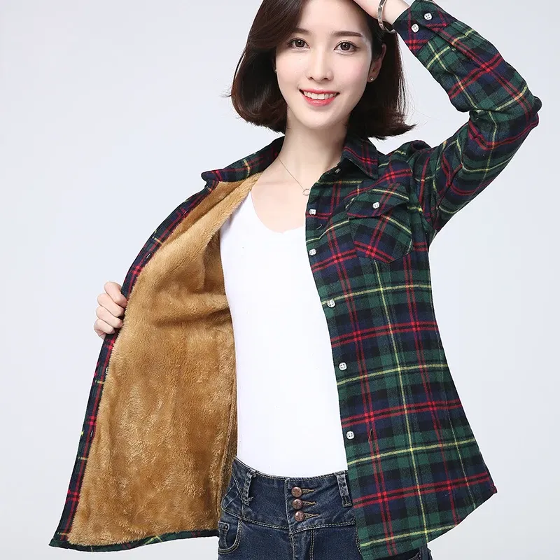 Color: Gold, Size: L - 2025 Winter New Women's Warm Plaid Shirt Coat Casual Fleece Velvet Plus Thicke Jacket Tops College Style Woman Clothes Outerwear