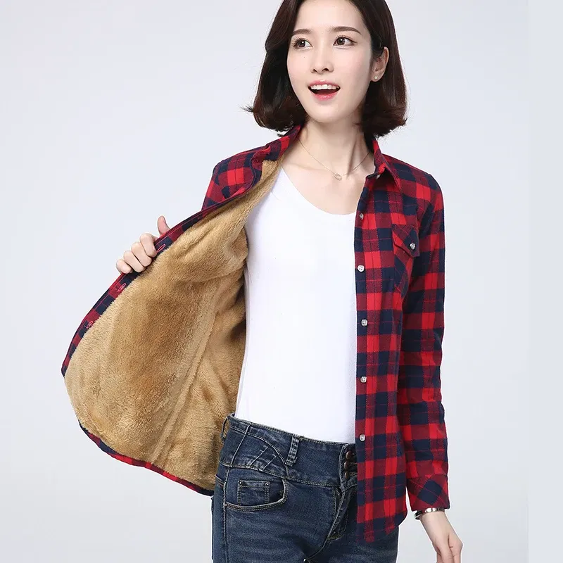 Color: Gold, Size: L - 2025 Winter New Women's Warm Plaid Shirt Coat Casual Fleece Velvet Plus Thicke Jacket Tops College Style Woman Clothes Outerwear