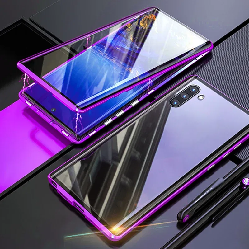Color: PURPLE, Material: Microfiber - Full Wrap Metal Bezel Case For Samsung Galaxy S23 S22 Ultra S21 S20 FE S24 Note 10 20 Lite Plus Double-Sided Glass Back Cover