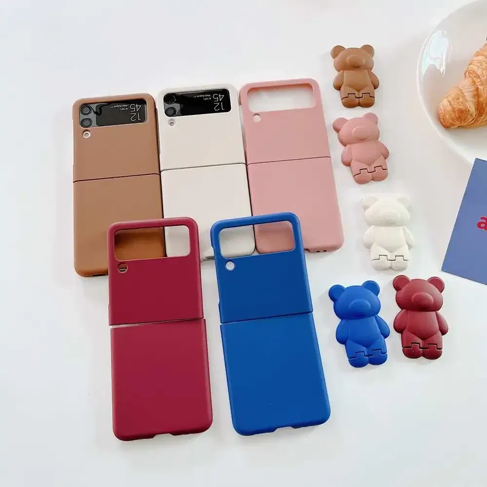 Color: Blue, Material: Aluminum - 3D Bear Bracket Kickstand Cute Case For Samsung Galaxy Z Flip 5 4 3 Hard Phone Case For Samsung Z Flip 3 4 Flip5 ZFlip4 Cover