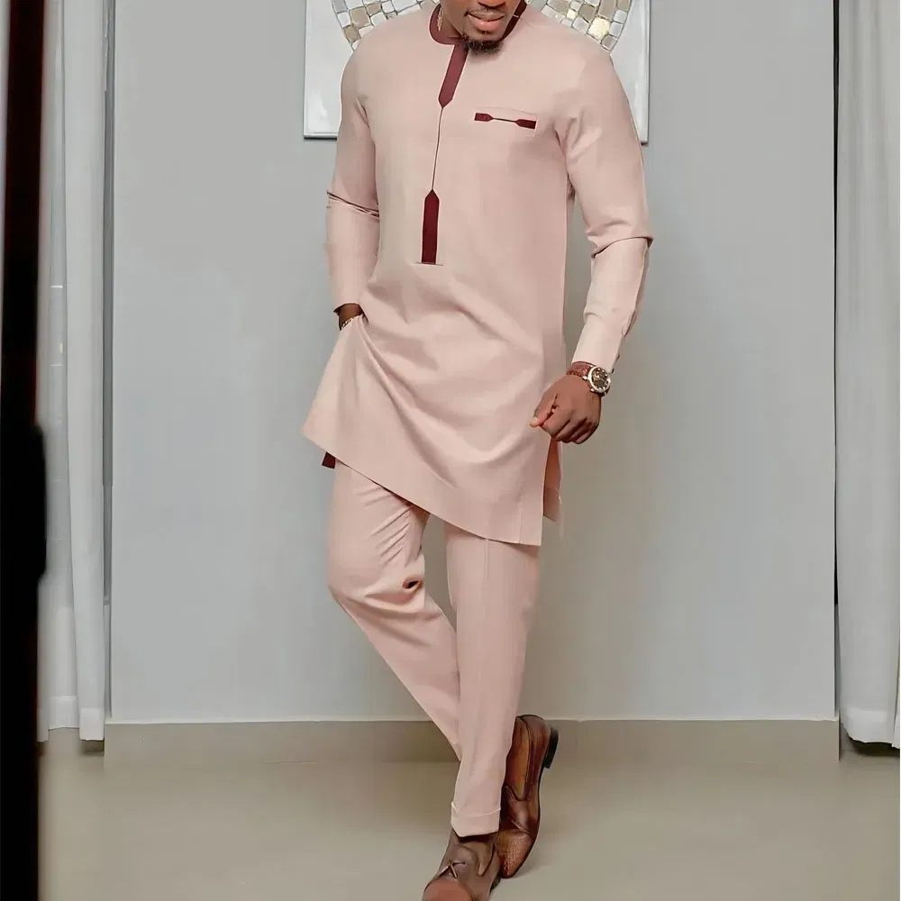 Color: WHITE, Size: M - 2024 New African Traditional Men's Set Elegant and Fashionable Men's Suit Casual Embroidery Two Piece Set Men's Suit Kaftan