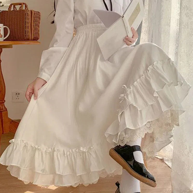 Color: black, Size: S, Ships From: CHINA - Japanese ruffles pleated skirt woman sweet high waist loose Ankle-length skirts women college style black patchwork A-line skirt