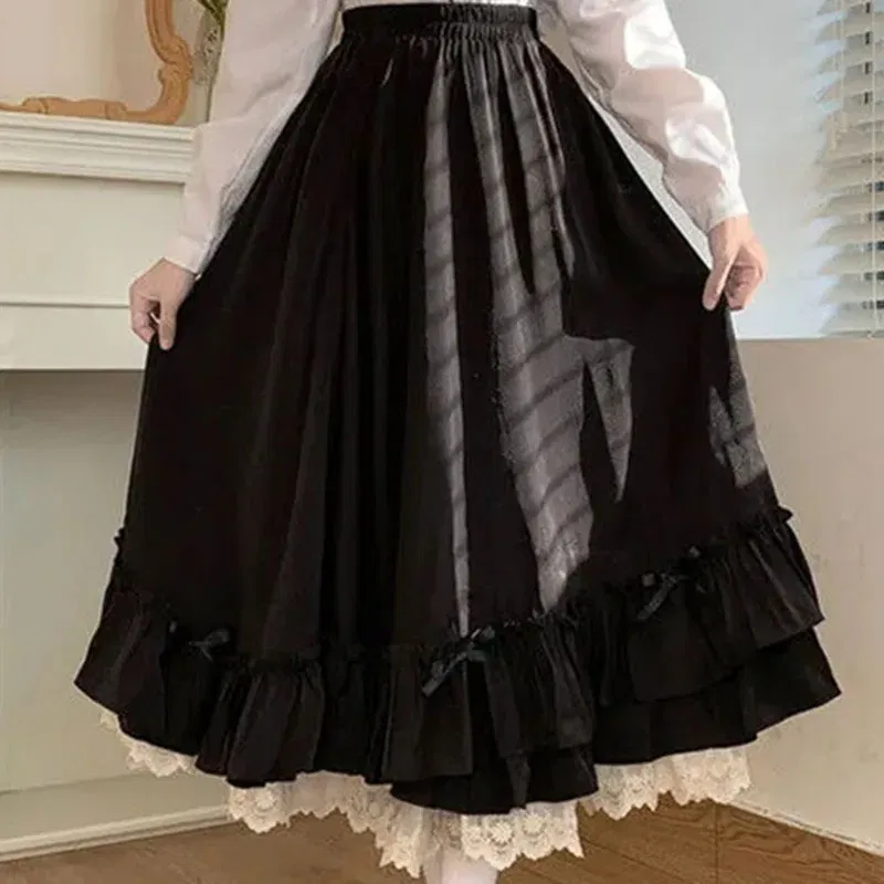 Color: black, Size: S, Ships From: CHINA - Japanese ruffles pleated skirt woman sweet high waist loose Ankle-length skirts women college style black patchwork A-line skirt