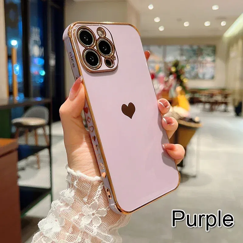 Color: Orange, Compatible-Phone Models: For iPhone 16 Plus, Ships From: CN - Electroplating Side Love Heart Phone Case For IPhone 16 15 14 13 12 11 Pro Max XR 8 Plus SE2/SE3 Shockproof Back Cover