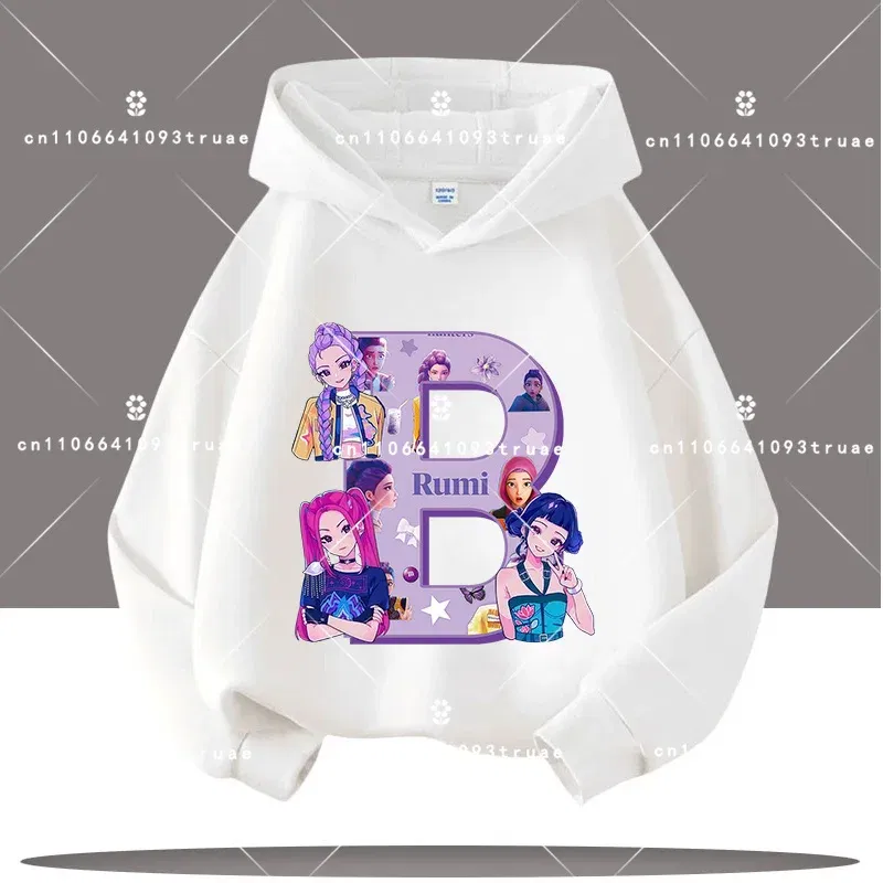 Color: Blue, Kid Size: 8 - K-pop Demon Hunters Letter A-Z 3-12 Year Old Children Hooded Sweatshirt Girls' Casual Shirt Boys' Sports Shirt Cartoon Print